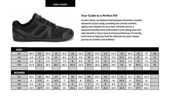 Xero Shoes sizing chart